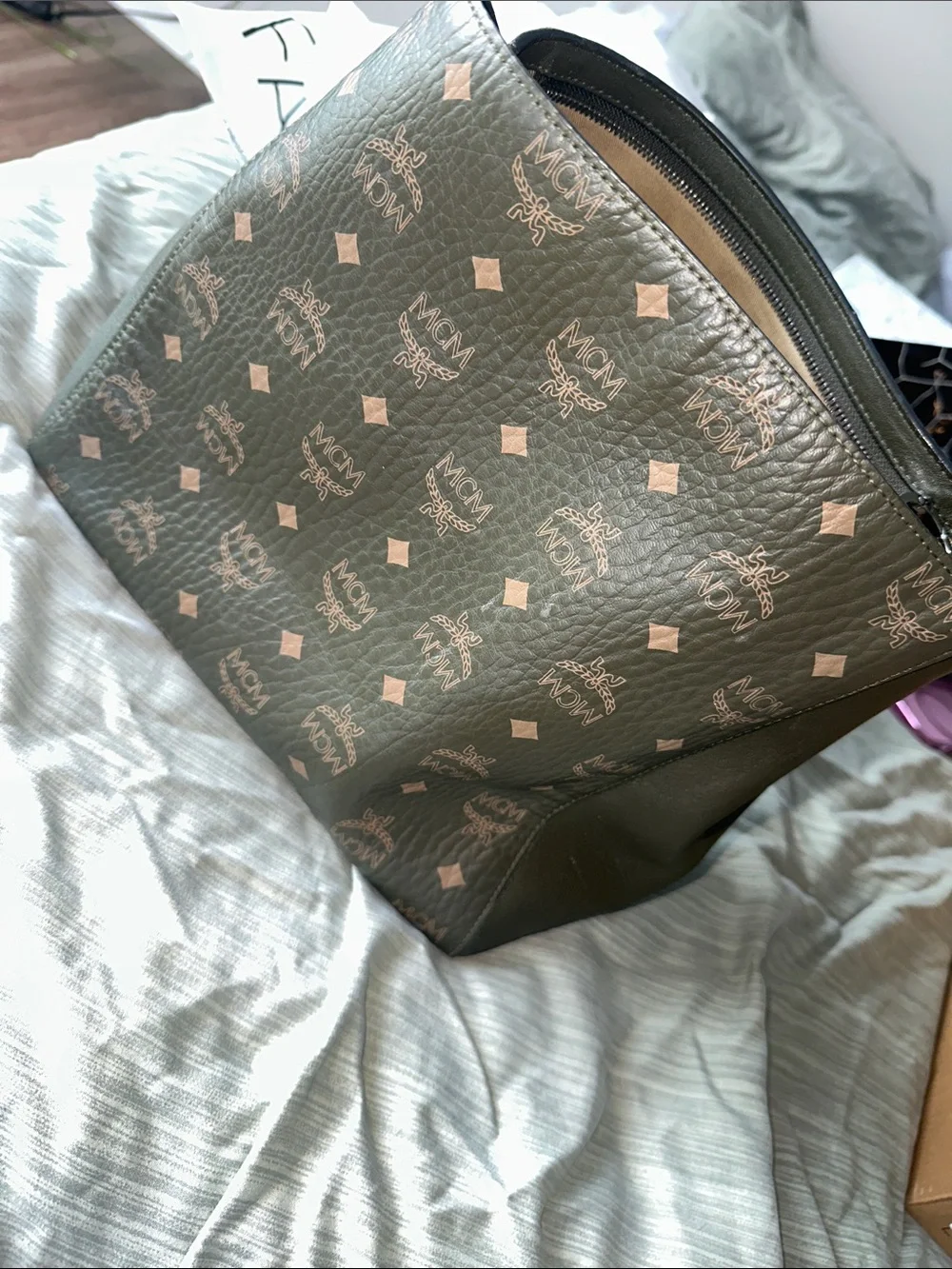 MCM Olive Brown Monogram Canvas Shoulder Bag 100% AUTHENTIC - Picture 5 of 11